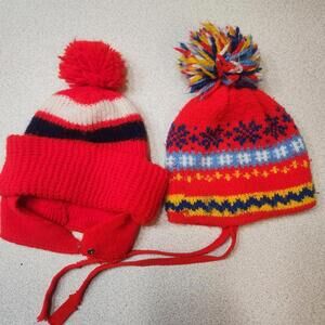 Pair of Vintage Kids Red Knit Winter Hats with Pom Poms